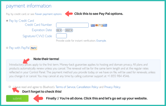 bluehost payment options at checkout