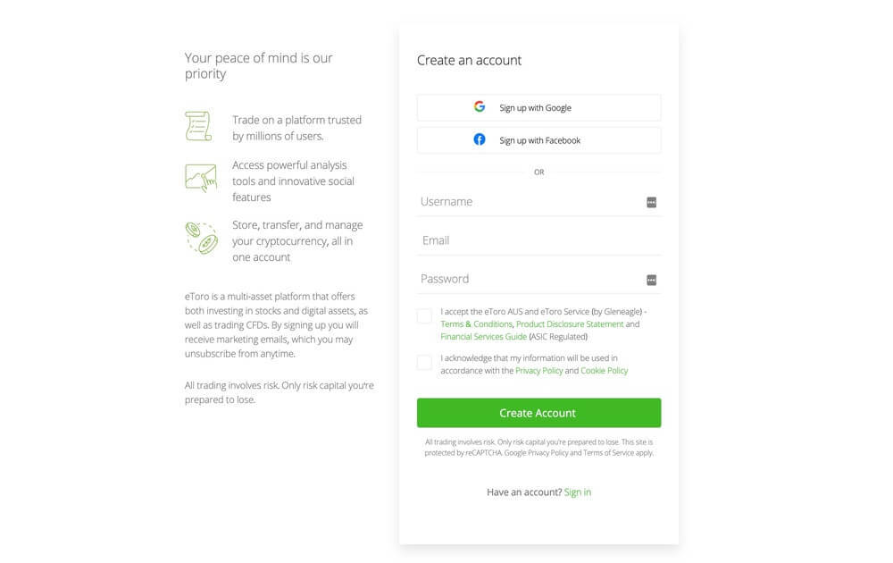 eToro sign up page