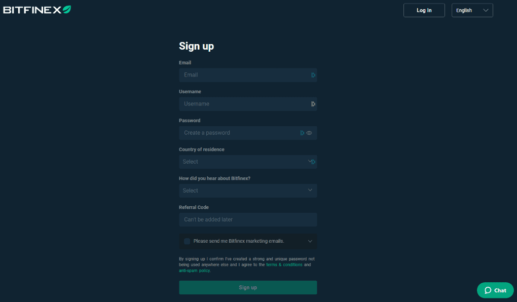 BitFinex Sign up Process