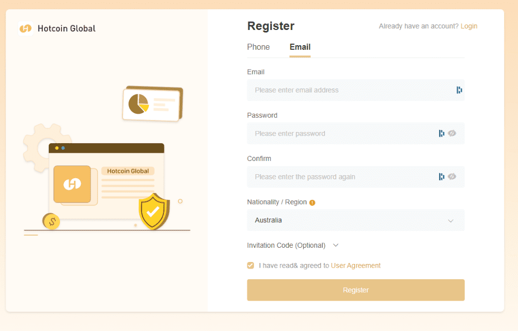 Hotcoin Global Sign up process