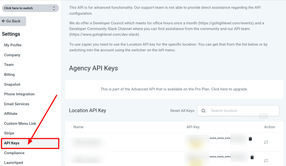 find-your-highlevel-API-keys How to find your gohighlevel API keys