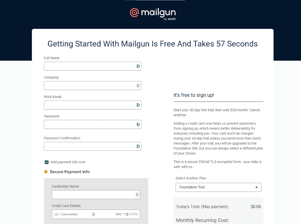 mailgun signup screen