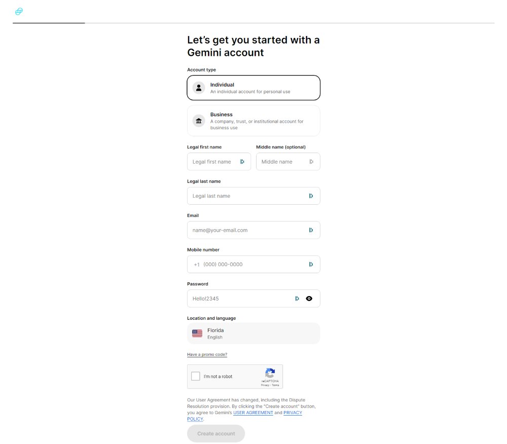 gemini sign up process