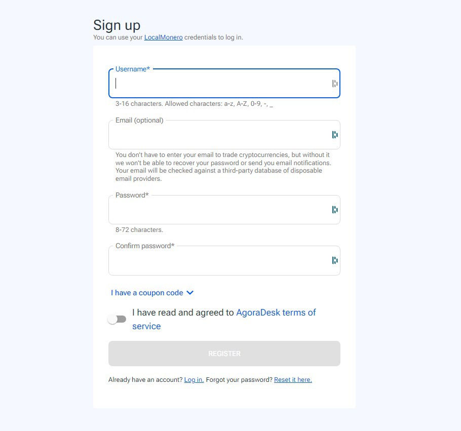 AgoraDesk Sign Up process