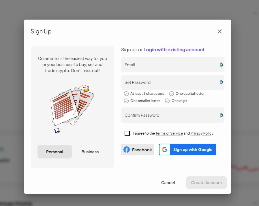 Coinmetro Sign Up Process