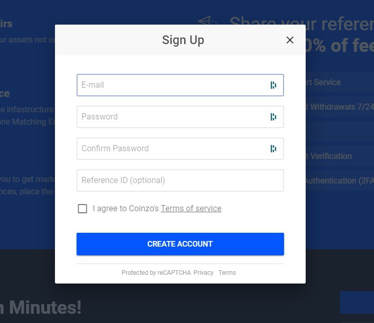 Coinzo Sign Up Process