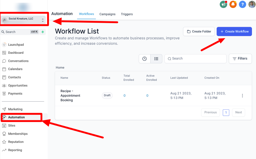 gohighlevel automation dashboard