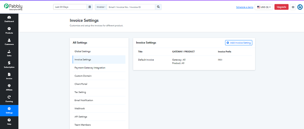 Billing Subscription Settings.