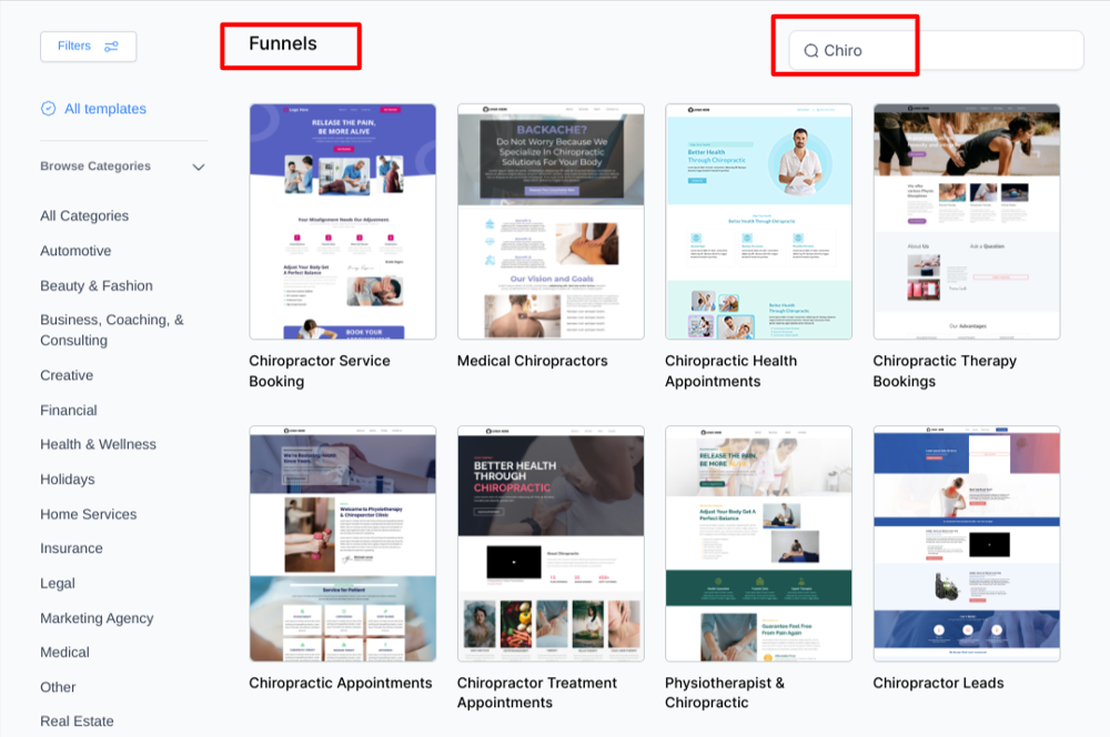 gohighlevel chiropractor funnel templates