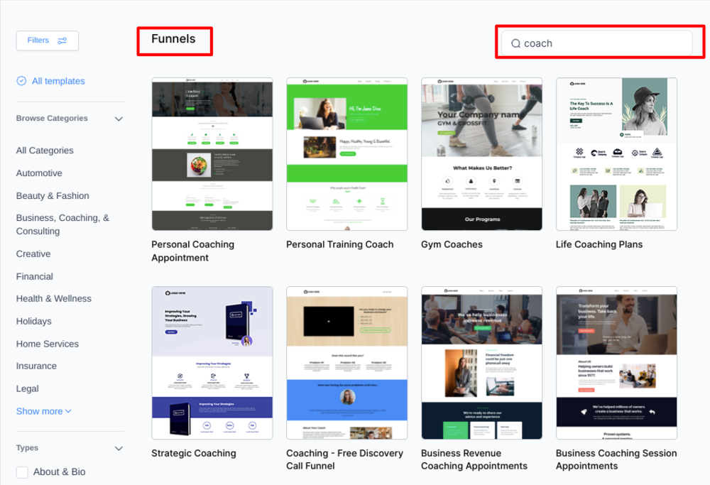 gohighlevel coaching funnel templates