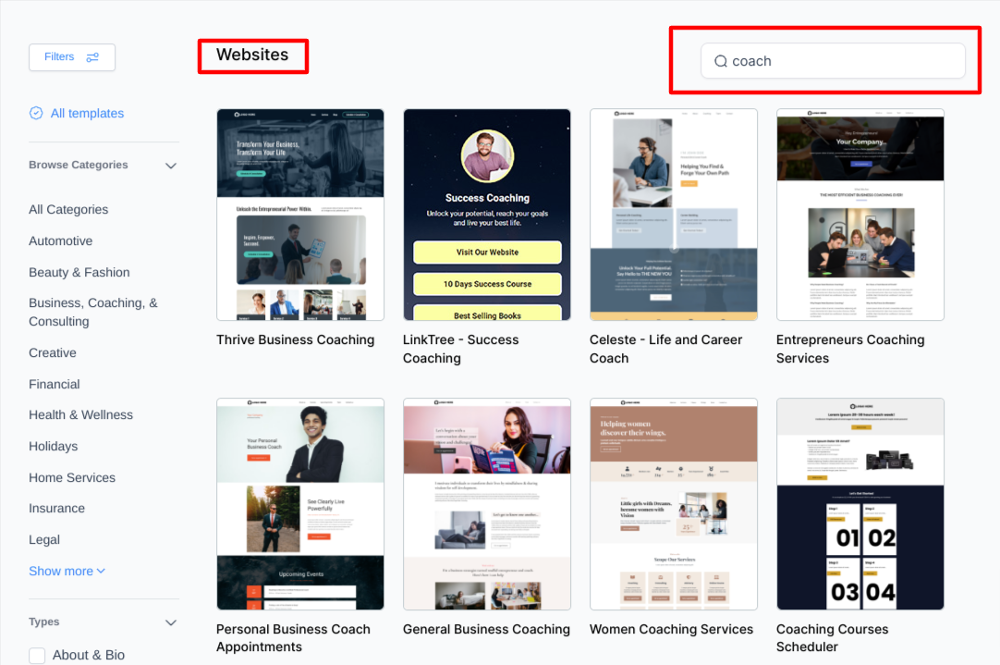 gohighlevel coaching website templates