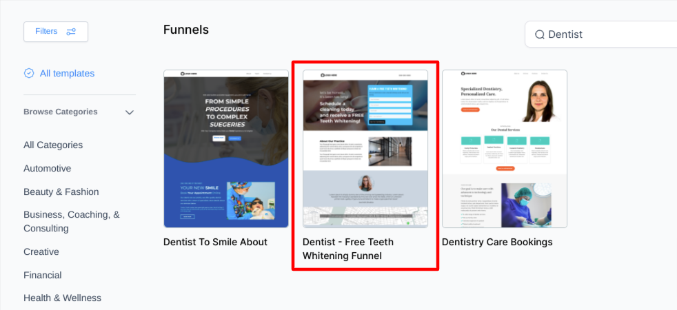 gohighlevel dentist funnels teeth whitening funnel 