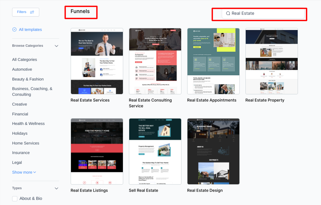gohighlevel real estate funnel templates
