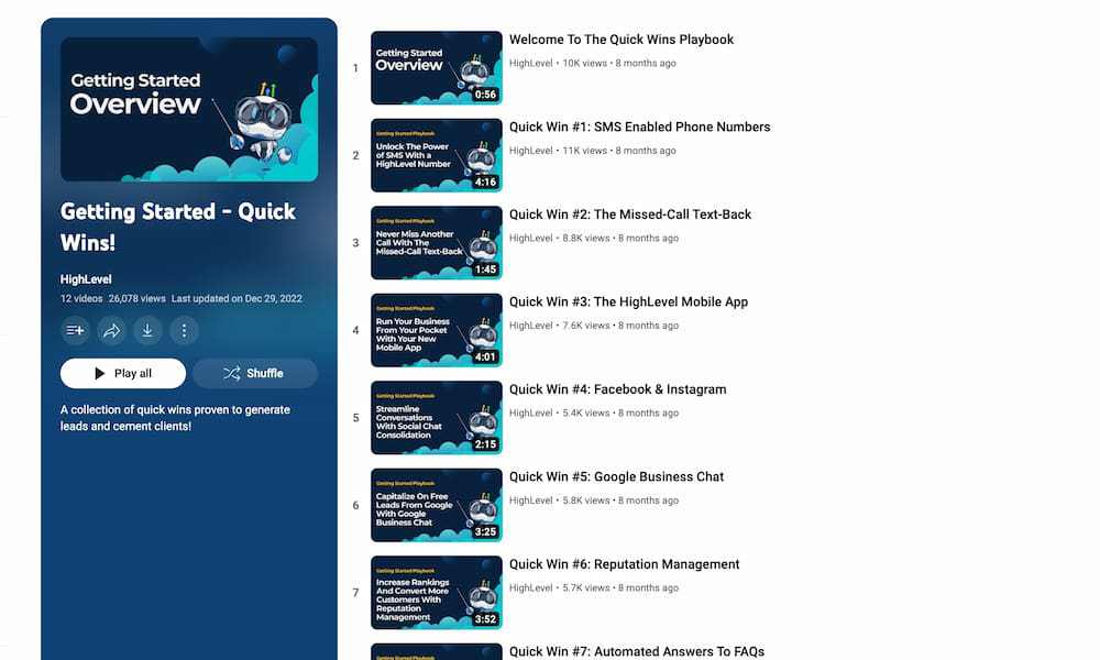 gohighlevel university quick wins playbook youtube