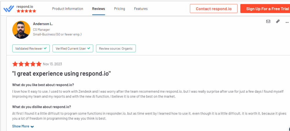 G2 review of Respond.io