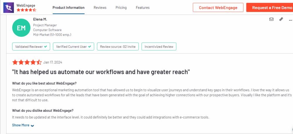 g2 review of webengage