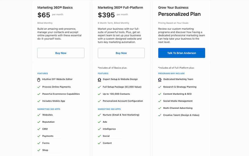 marketing 360 pricing plans