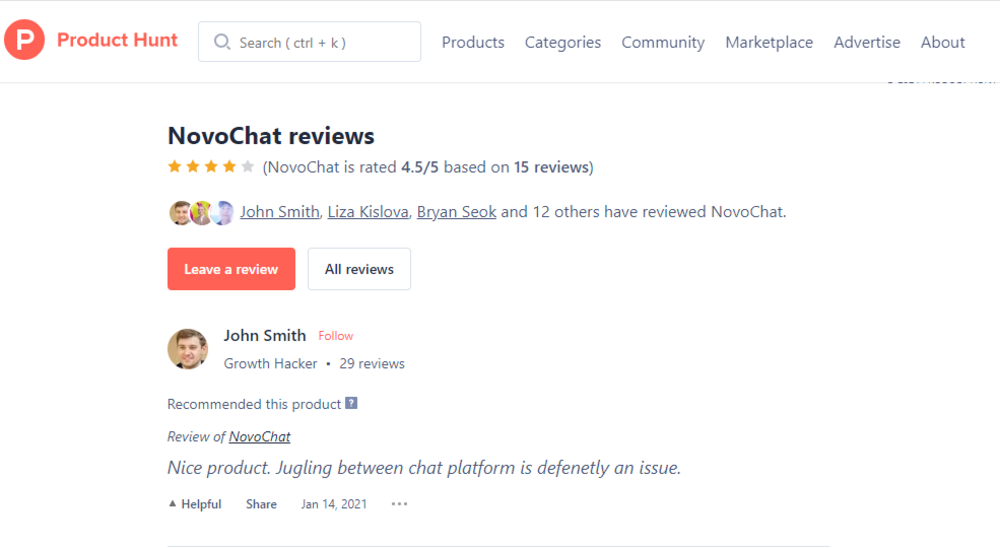 product hunt review of NovoChat