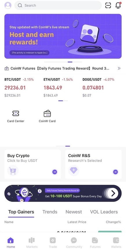 CoinW homescreen CoinW homescreen