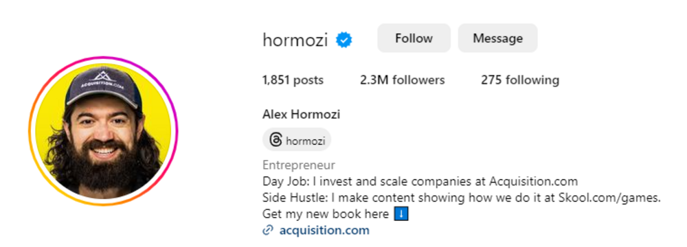alex hormozi instagram profile
